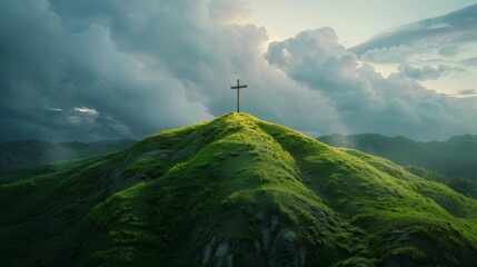 Christian cross on top of a green hill - obrazy, fototapety, plakaty