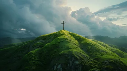 Fotobehang Christian cross on top of a green hill © ArtBox