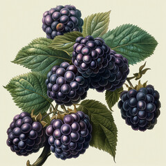 Fototapeta premium Blackberry invasive species with edible fruits eaten as dessert and used in wines and pies, botanical vintage illustration on creamy paper