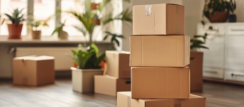 Moving Day with Packed Cardboard Boxes in Fresh Apartment