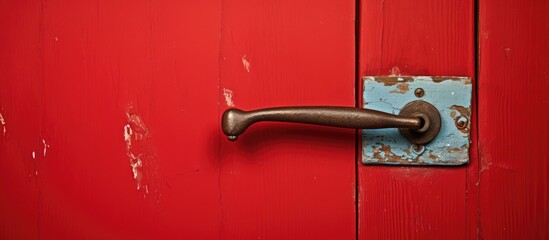 A closeup of a red door handle, made of metal and attached to a wooden door. The fixture includes a deadbolt lock, a crucial household hardware - Powered by Adobe