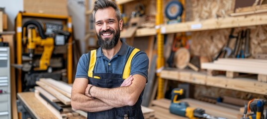 Skilled male carpenter working with tools in workshop, blurred background with space for text