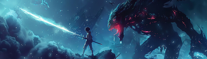 Anime scene High school boy with spirit sword fights against mutating monsters