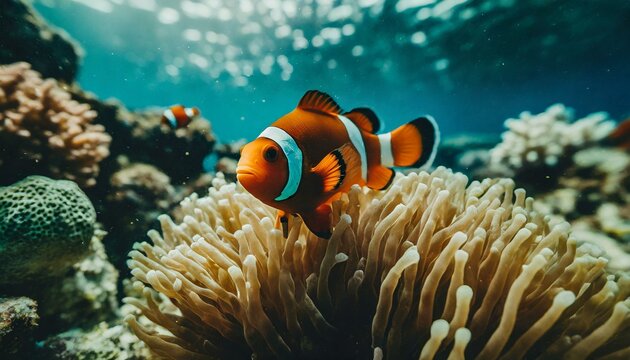  beautiful coral reef with a single clownfish in focus and a blurred underwater environment