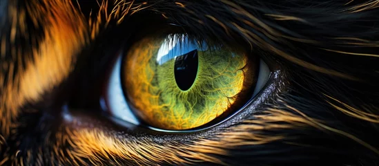 Tischdecke A closeup of a cats eye revealing bright green irises and long eyelashes, showcasing the intricate beauty of a terrestrial animals eye in vivid detail © 2rogan