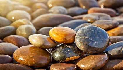 Pile of brown pebble glossy stones. Colorful smooth rocks. Abstract background.
