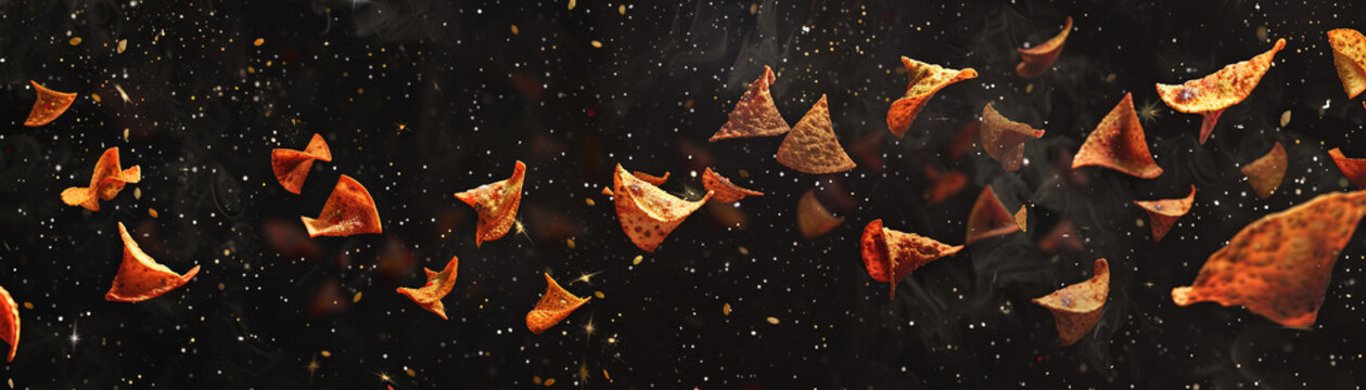 Crunchy fresh Doritos fly through the air like stars in a dark sky