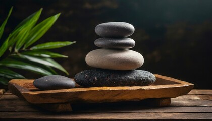 A stack of spa stones is neatly placed on top of a wooden table tray, set against a dark backdrop. The rocks are balanced atop each other, creating a visually interesting composition 