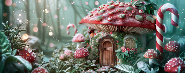 A fairytale mushroom house its doorway framed by candy canes sitting in a garden of crystalline sugar flowers and mint leaf foliage a confectionery paradise - obrazy, fototapety, plakaty