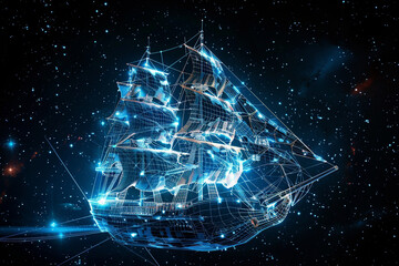 A futuristic pirate ship sailing through the cosmos constructed of wireframe mesh and advanced technology glowing lines tracing its structure against the dark void