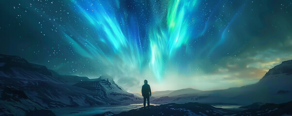 A lone adventurer silhouetted against a massive glowing energy portal suspended in the night sky auroras weaving through the stars creating a mesmerizing fantasy cinematic backdrop - obrazy, fototapety, plakaty