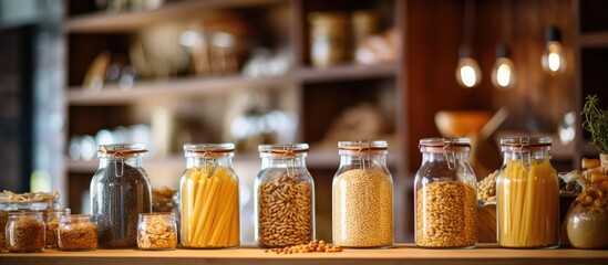A variety of pasta types are stored in jars on the shelf for easy access when cooking delicious recipes - obrazy, fototapety, plakaty