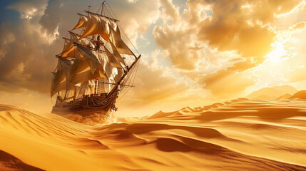 A rustic pirate ship gliding over golden desert sands under a blazing sun sails billowing adventure in the air - obrazy, fototapety, plakaty