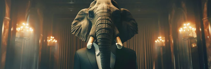 Foto op Aluminium A noble elephant dressed in a stately suit with its tusks polished standing in a grand studio symbolizing robust and powerful business prowess © Thanaphon