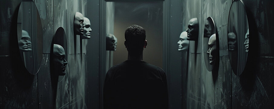 A man in a dimly lit room faces reflected in mirrors around him each mirror showing him wearing a different mask This complex scene symbolizes the multifaceted