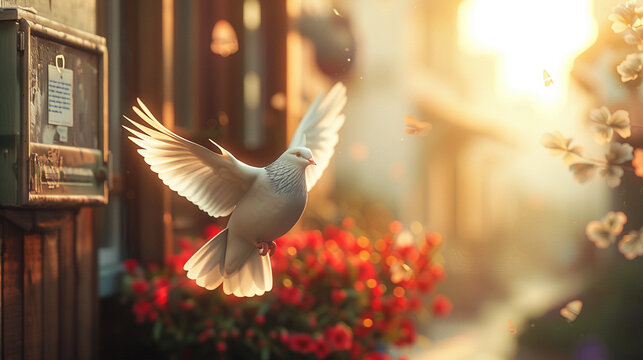A photorealistic 3D rendering of a dove symbol of peace and communication as it gracefully navigates towards a quaint post office letter in tow in the soft glow of dawn