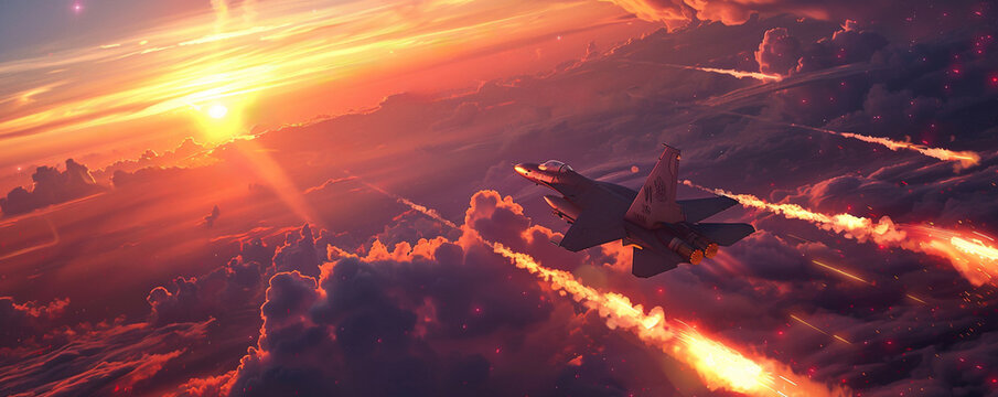 A squadron of stealth fighter jets engaged in a high speed aerial dogfight with dynamic contrails against a dramatic sunset sky missiles locked and flares dispensed