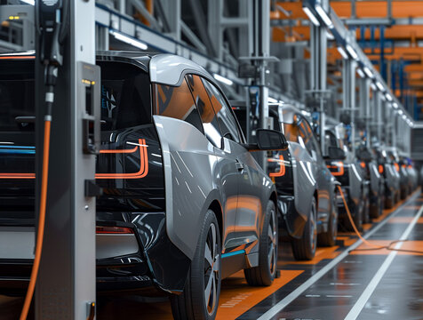 EV Charging Station At A Factory With Commercial Electric Vehicles Being Charged Emphasizing The Industrial Use Of EV Technology