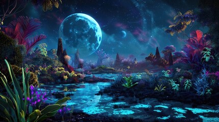 Vibrant alien landscape otherworldly plants under a two moon sky glowing with bioluminescence mystery and wonder abound