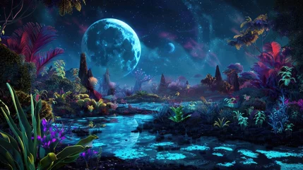Foto op Canvas Vibrant alien landscape otherworldly plants under a two moon sky glowing with bioluminescence mystery and wonder abound © Thanaphon