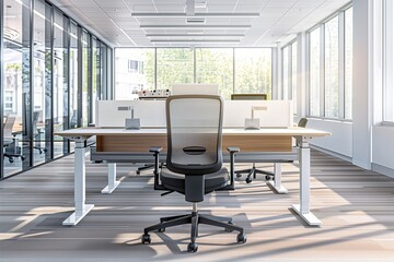 A Modern Office Space Promoting Safety and Productivity with Ergonomic Furniture and Ample Natural Light &ndash; Capture a spacious office environment workstations are highlighted.