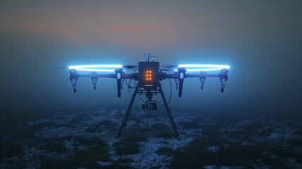 A neon blue high-altitude drone station gathers data for climate research at high altitudes.