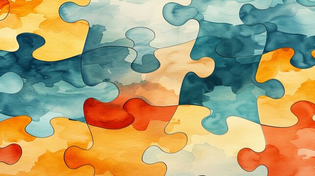 Vibrant interlocking puzzle pieces with watercolor texture, symbolizing connection and diversity