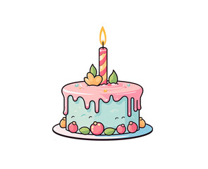First 1st year birthday cake with one candle. Small sweet dessert for baby. Yummy holiday confectionery for childish kids anniversary party. Flat vector illustration isolated on white background