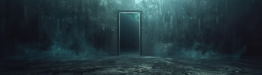 Igniting curiosity a mysterious doorway at the center of a dark room leads to an astral realm unseen by human eyes