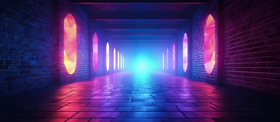 Fotobehang An eerie hallway illuminated by neon lights in shades of electric blue, magenta, and violet, casting a visual effect lighting on the brick wall creating a symmetrical art piece © AkuAku