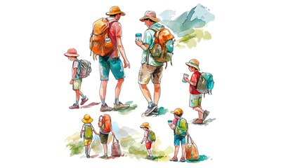 Fototapeta premium Watercolor illustration of tourist backpack against the backdrop of the mountain isolated on white background.