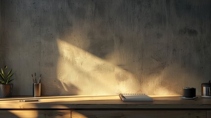 a front view photograph showcasing a wooden kitchen table adorned with a notebook and pens, bathed in soft, inviting light that accentuates the warmth and character of the scene.