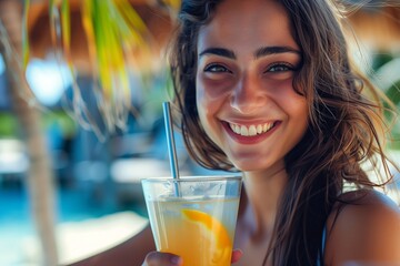 Joyful young woman enjoying a glass of cold lemonade on a sunny day