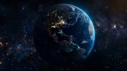 A Realistic Portrait of Our Planet Shrouded in Darkness, with Cities Glowing Like Jewels Against...
