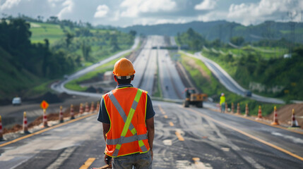Road Construction Engineer Inspects Expressway Construction Work