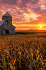 Sunset Over Rolling Cornfields: A Peek Into The Rustic Farm Life In Iowa - obrazy, fototapety, plakaty