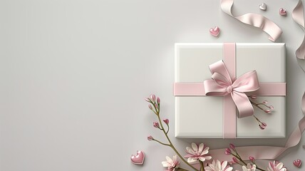 a white gift box adorned with a pink ribbon, surrounded by delicate flowers and heart elements, accompanied by a blank letter card offering ample copy space on the right for your message.