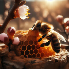 bee after winter sleep on the hive on a blurred background of the spring garde - obrazy, fototapety, plakaty
