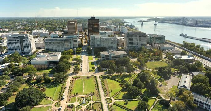 Aerial view of the downtown city business area and the Capitol Gardens on the Mississippi river in the Louisiana state capital of Baton Rouge