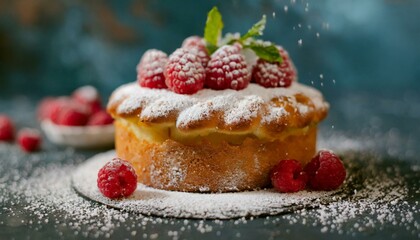 Beautiful tasty cake or cake with raspberries and fruits sprinkled with powdered sugar close-up photo