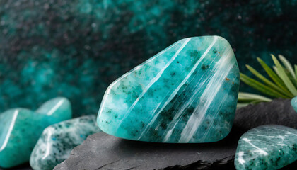 Close-up of natural Amazonite gemstone. Bluish-green tectosilicate mineral, crystal.