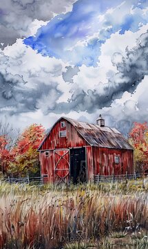 a painting of a red barn