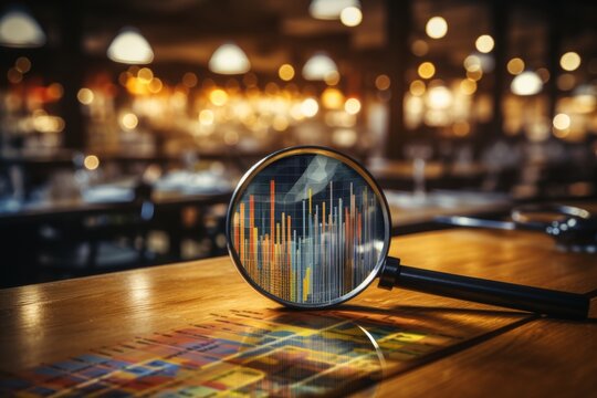 Magnifying glass analyzing a data graph in a warm, inviting cafe setting, highlighting focused data interpretation. - Powered by Adobe