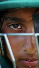 Cricket players intensely focused, eyes showing determination and concentration, with text space.