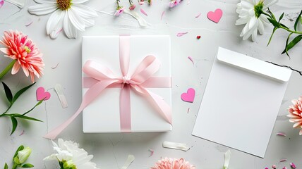 a white gift box adorned with a pink ribbon, surrounded by delicate flowers and heart elements, accompanied by a blank letter card offering ample copy space on the right for your message. - Powered by Adobe