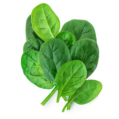 Spinach leaves isolated on white background. Pile of fresh green Espinach Macro. Top view. Flat lay..