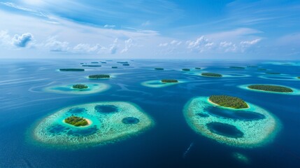 A cluster of small islands surrounded by vast ocean waters.