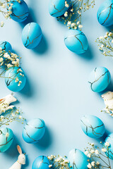 Easter vertical background with blue eggs, bunny and flowers. Flat lay, top view, copy space.