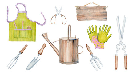 A set with garden tools for harvesting vegetables. A hand-made watercolor illustration depicting a...