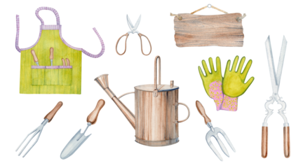 A set with garden tools for harvesting vegetables. A hand-made watercolor illustration depicting a watering can, gloves, bucket, pitchfork, shovel, pruner, wooden board and scissors highlighted 